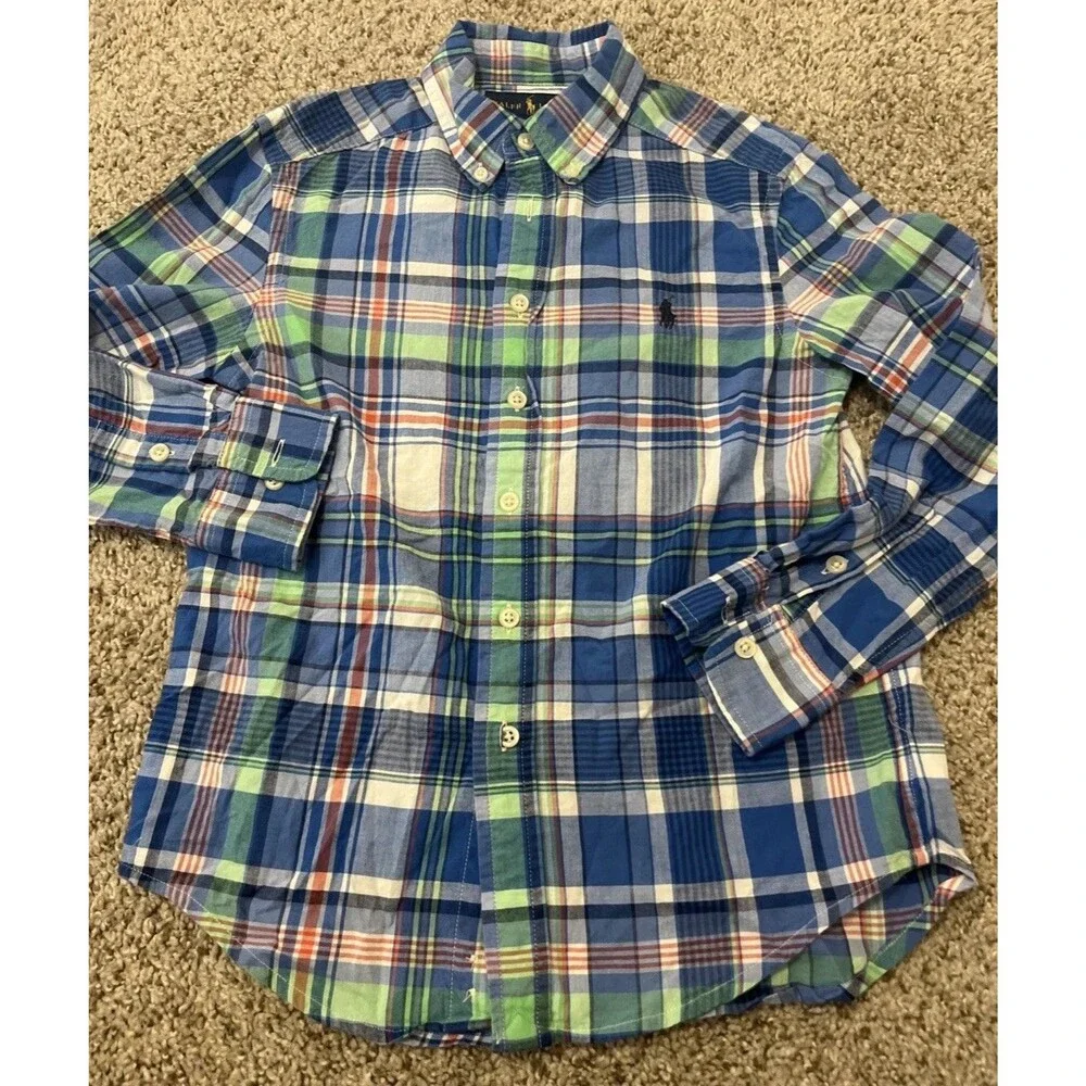 RALPH LAUREN Boys Plaid Button Front Shirt Multi Color Summer Fun Size (8) Small